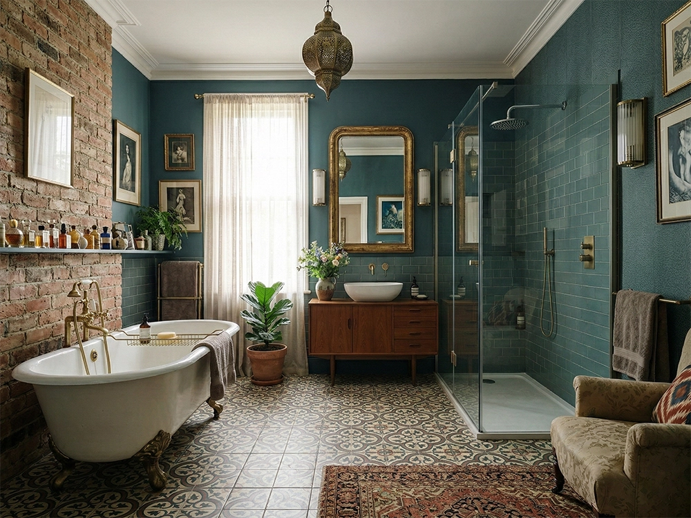 Кирпичная стена белая ванна на ножках стеклянная душевая кабина деревянная тумба