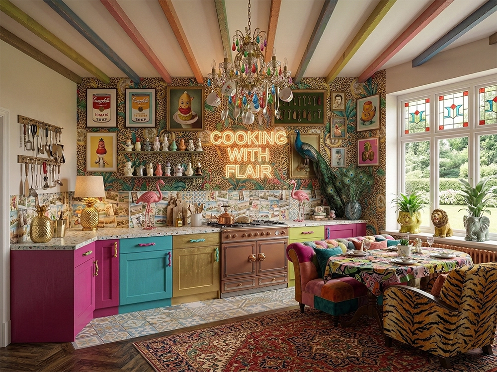 Разноцветные кухонные фасады, неоновая вывеска, большой обеденный стол, павлин и пара фламинго.