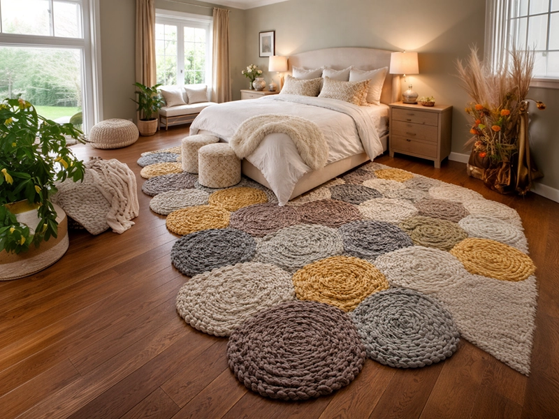 Настольная лампа с геометрическим белым основанием и светлым цилиндрическим абажуром на прикроватном столике