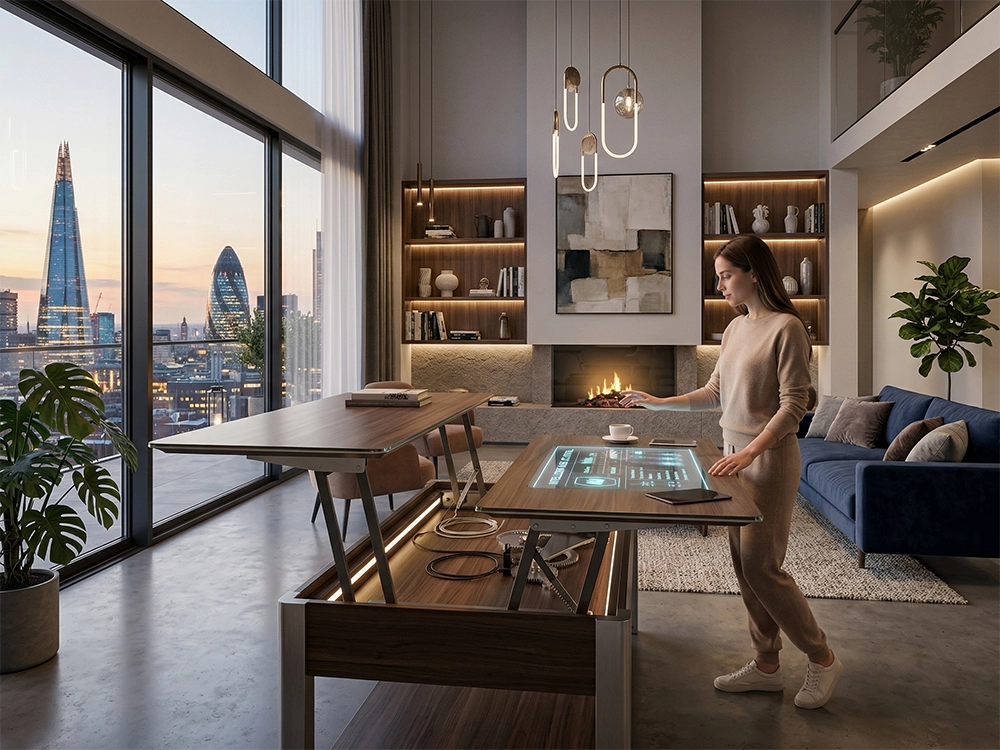 Девушка касается цифрового интерфейса светящегося деревянного стола возле камина в высотной квартире.