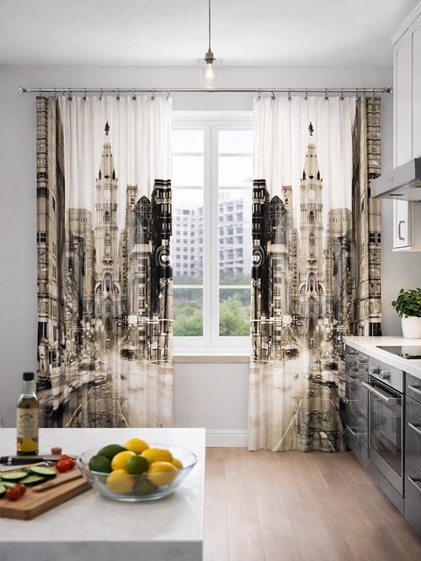 Темные шторы с геометрическим рисунком в интерьере