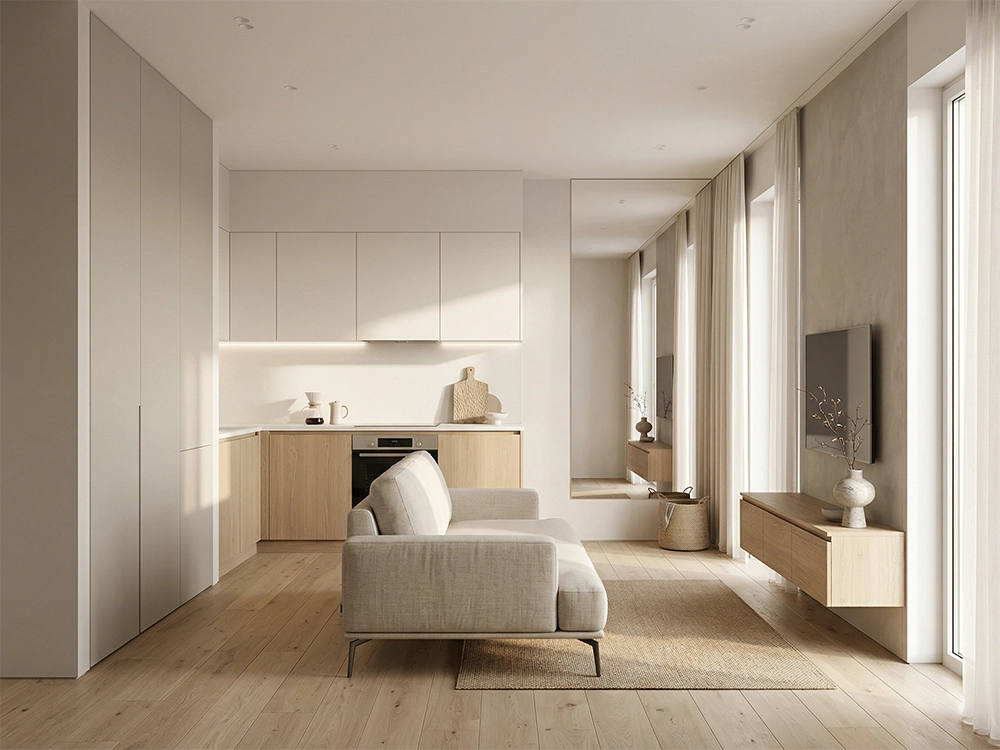 Вид на кухню-гостиную: диван, ковер, ТВ на тумбе, а на заднем плане компактная встроенная кухня.