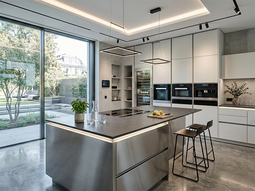 Современная кухня с монолитным металлическим островом, встроенными духовыми шкафами, винным холодильником и окном.
