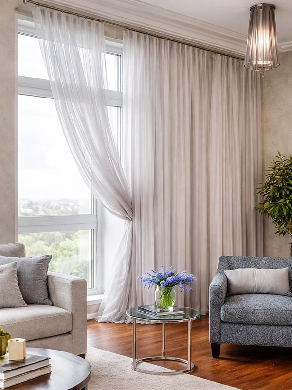 Светлые шторы в интерьере гостиной
