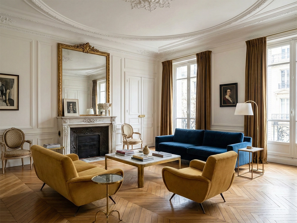 Гостиная с синим диваном и желтыми креслами у камина