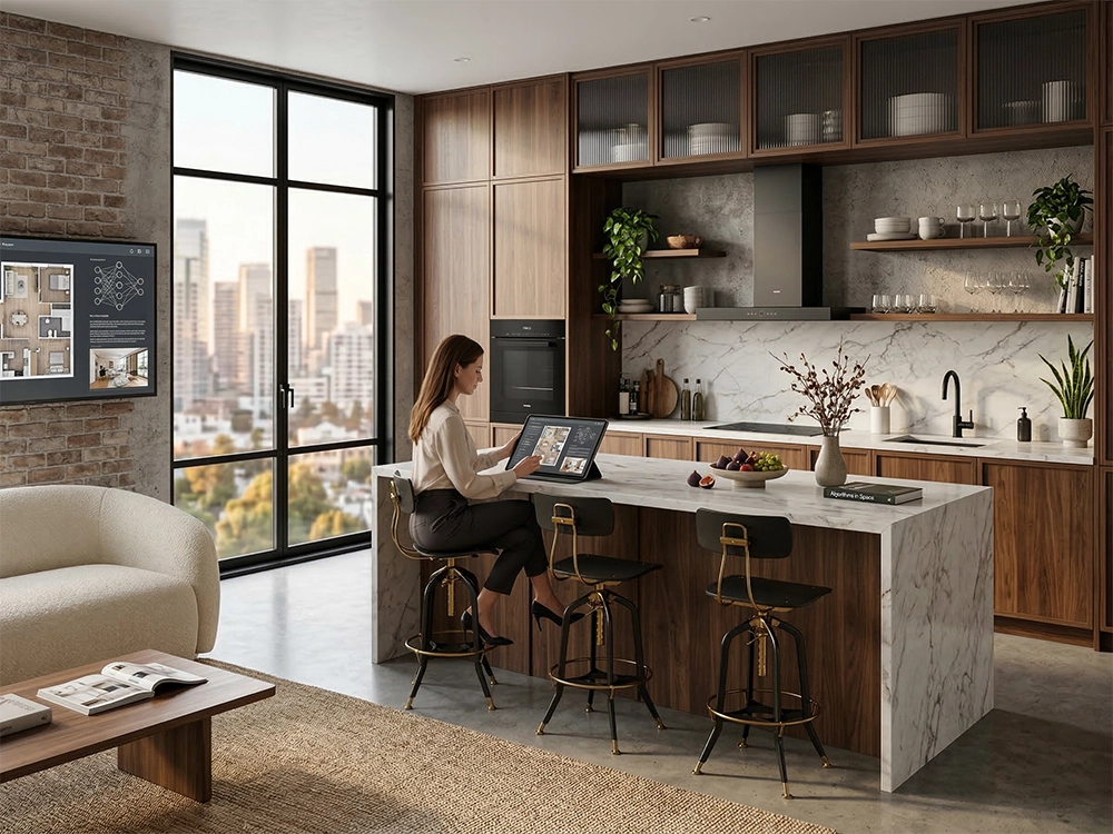 Девушка внимательно изучает архитектурную планировку на экране планшета около большого кухонного острова.