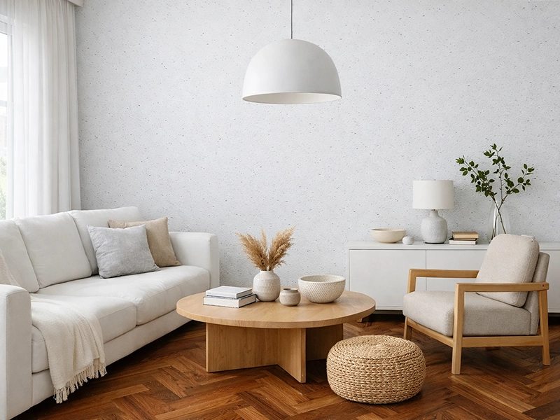 Крупный план напольного покрытия из светлого дерева с укладкой елочка и белые ножки мебели на его поверхности