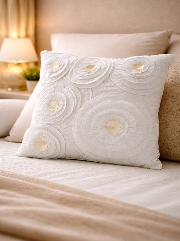 Спальная зона с нейтральным текстилем и подушками