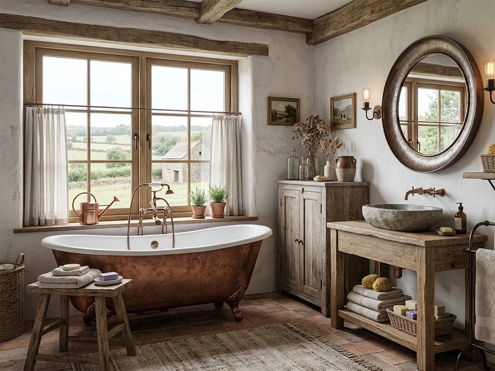 Медная ванна, каменная раковина на деревянном столе, круглое зеркало, окно со шторами, пол