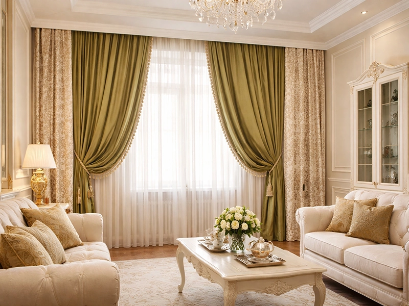Шторы в гостиной с диваном и креслами