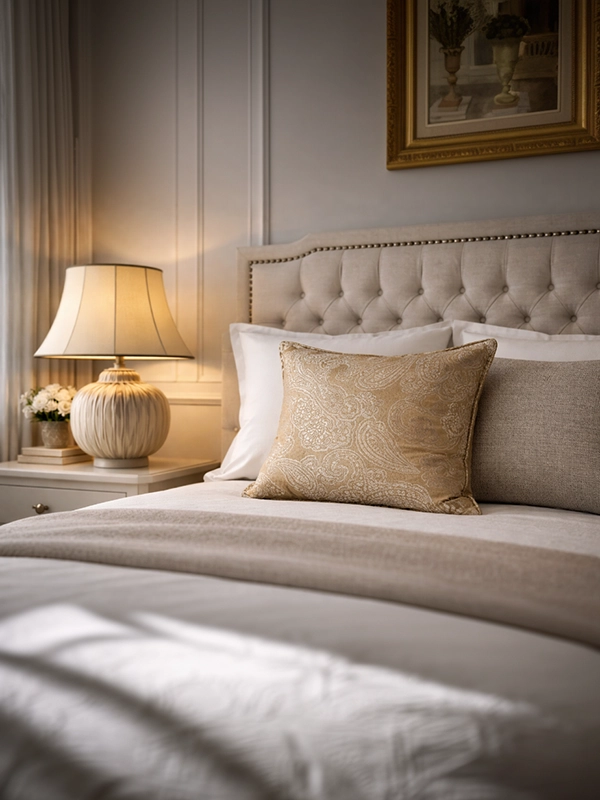 Кровать с узорным покрывалом и симметричными подушками