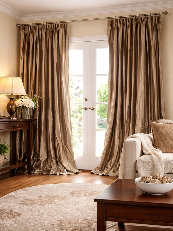 Однотонные портьеры с мягким блеском и тюль с классическим узором