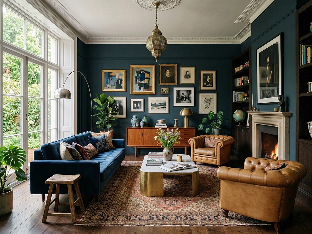 Темно-синие стены синий бархатный диван два коричневых кожаных кресла картины