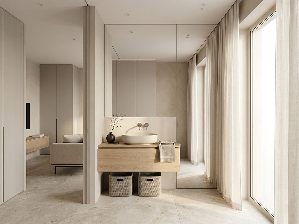 Интерьер ванной комнаты с деревянной тумбой, накладной раковиной, зеркалом, окном и плетеными корзинами.