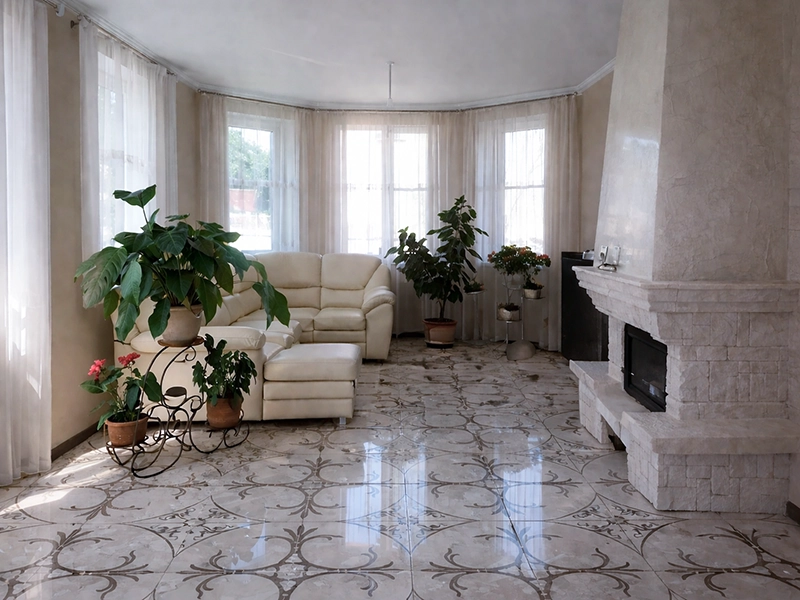 Просторный интерьер гостиной с эркером и светлыми стенами