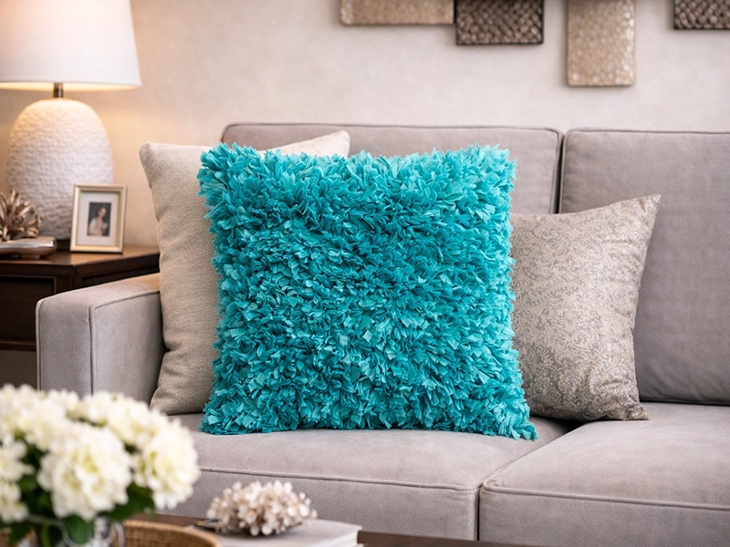 Угловой коричневый диван с набором цветных подушек в интерьере