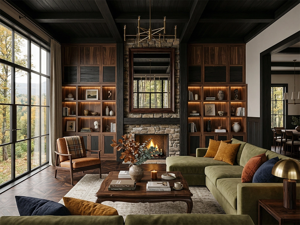 Просторная гостиная комната со шкафами из темного дерева, каменным камином и большим зеленым диваном.