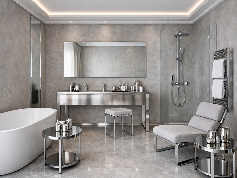 Современная ванная с хромированной мебелью и большим зеркалом