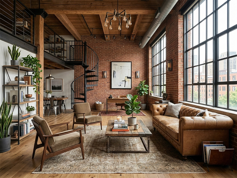 Гостиная с кирпичными стенами кожаным диваном винтовой лестницей и большими окнами