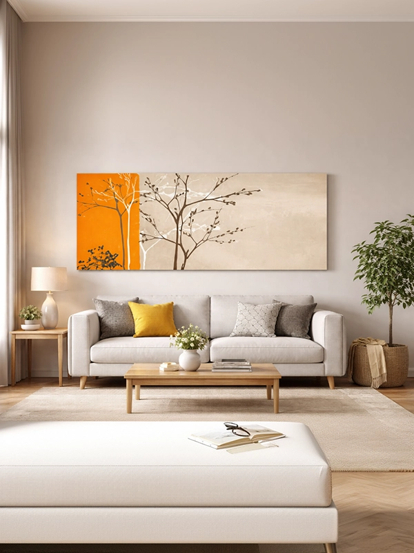 Круглое настенное украшение из темного дерева с резным узором на стене в современном интерьере гостиной