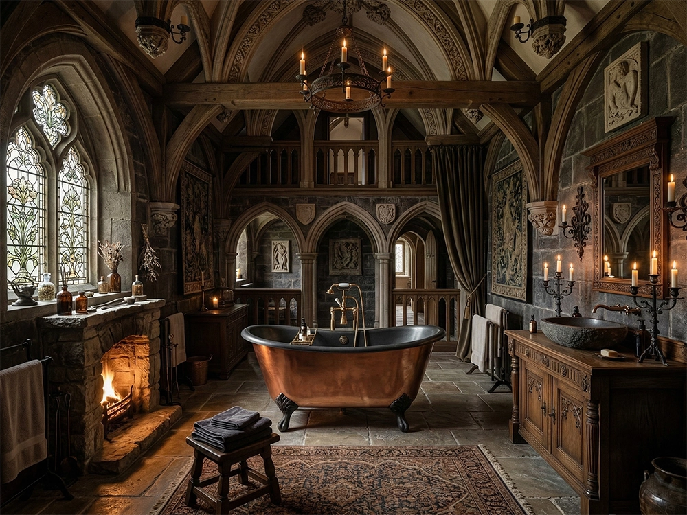 Отдельно стоящая медная ванна, каменная раковина, горящий камин и потолок