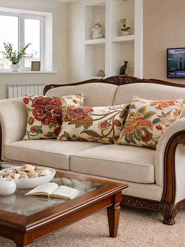 Декоративные подушки с цветочным орнаментом и однотонные шторы в оформлении зоны окна и дивана