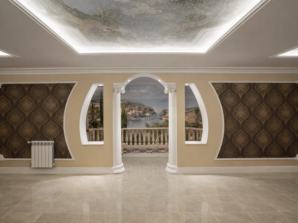 Бежевые стены, плинтусный радиатор, розетки и деревянный пол