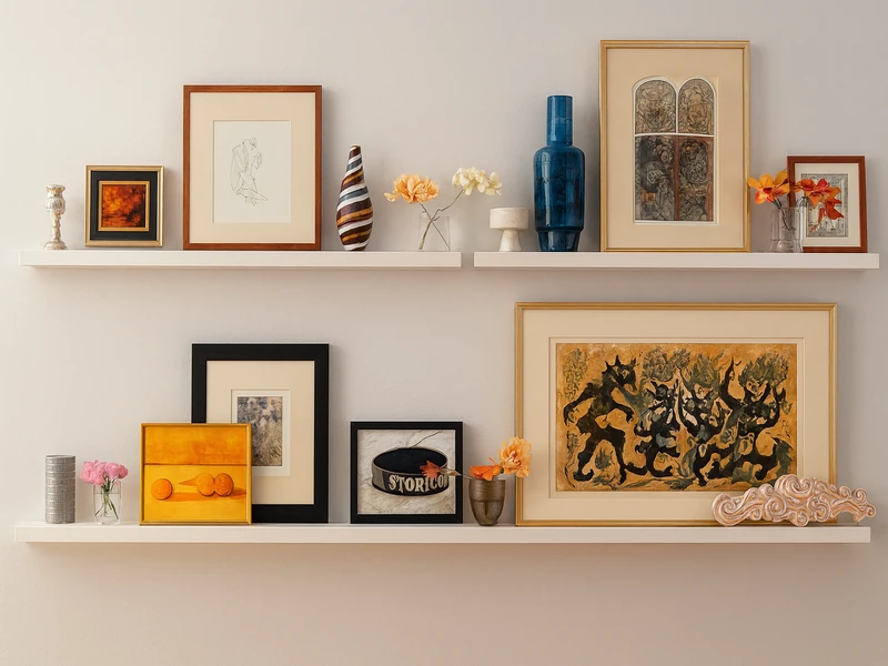 Навесные полки открытого типа с книгами и сувенирами закрепленные на стене над спинкой мягкого дивана