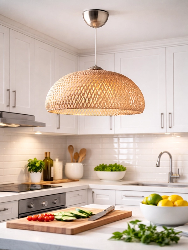 Длинные коричневые шторы и тюль на окне кухни