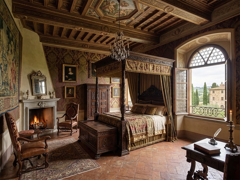 Кровать с балдахином, гобелен, каменный камин, сундук, терракотовый пол и расписной потолок.