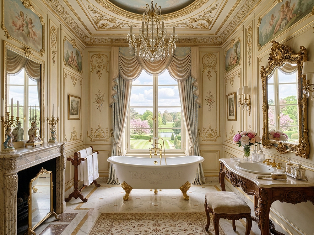 Ванная комната с отдельно стоящей ванной, большим окном, раковиной, зеркалом и хрустальной люстрой.
