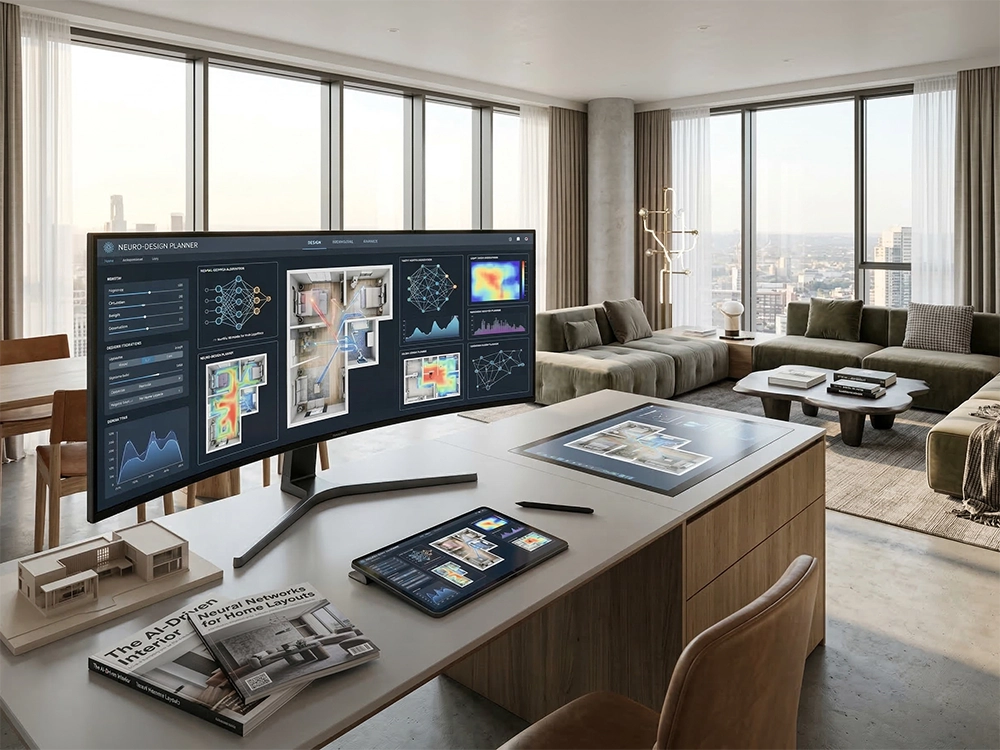 Широкоформатный изогнутый монитор демонстрирует аналитический интерфейс с тепловыми картами помещения.