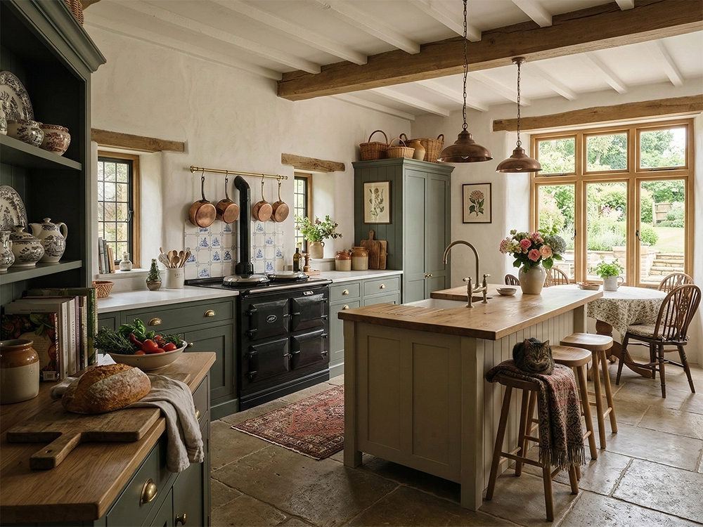 Зеленые кухонные шкафы, черная плита, деревянный остров, каменный пол, потолочные балки, медные светильники