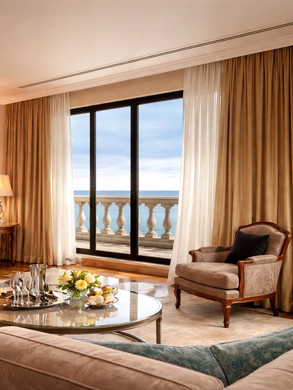 Кремово-бежевые портьеры и светлый ковер в гостиной