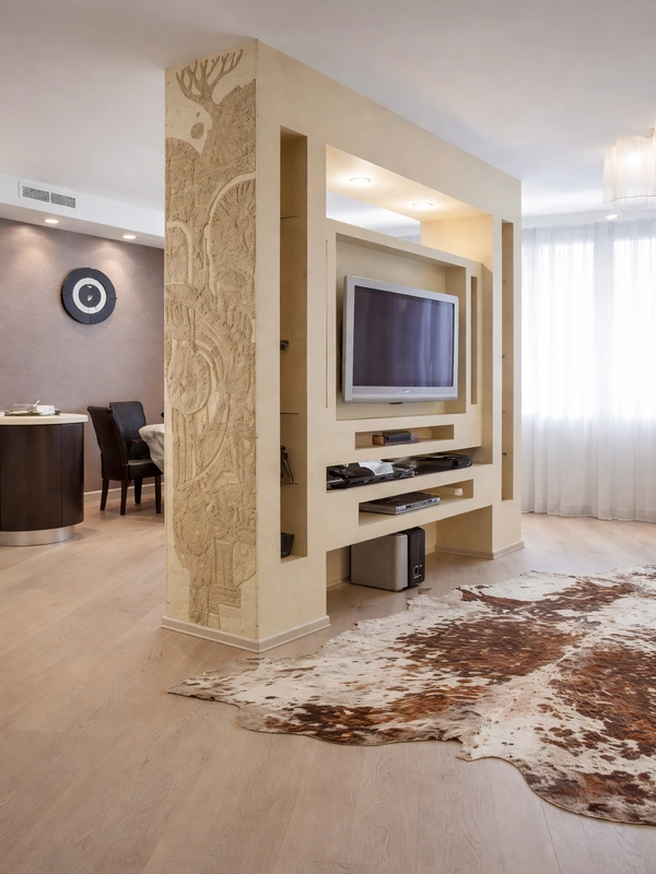 Декоративная стеновая конструкция с нишами разделяющая пространство кухни и гостиной