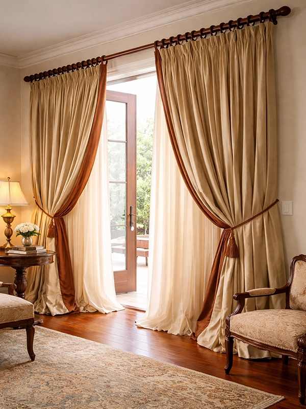 Коричневые плотные шторы для гостиной