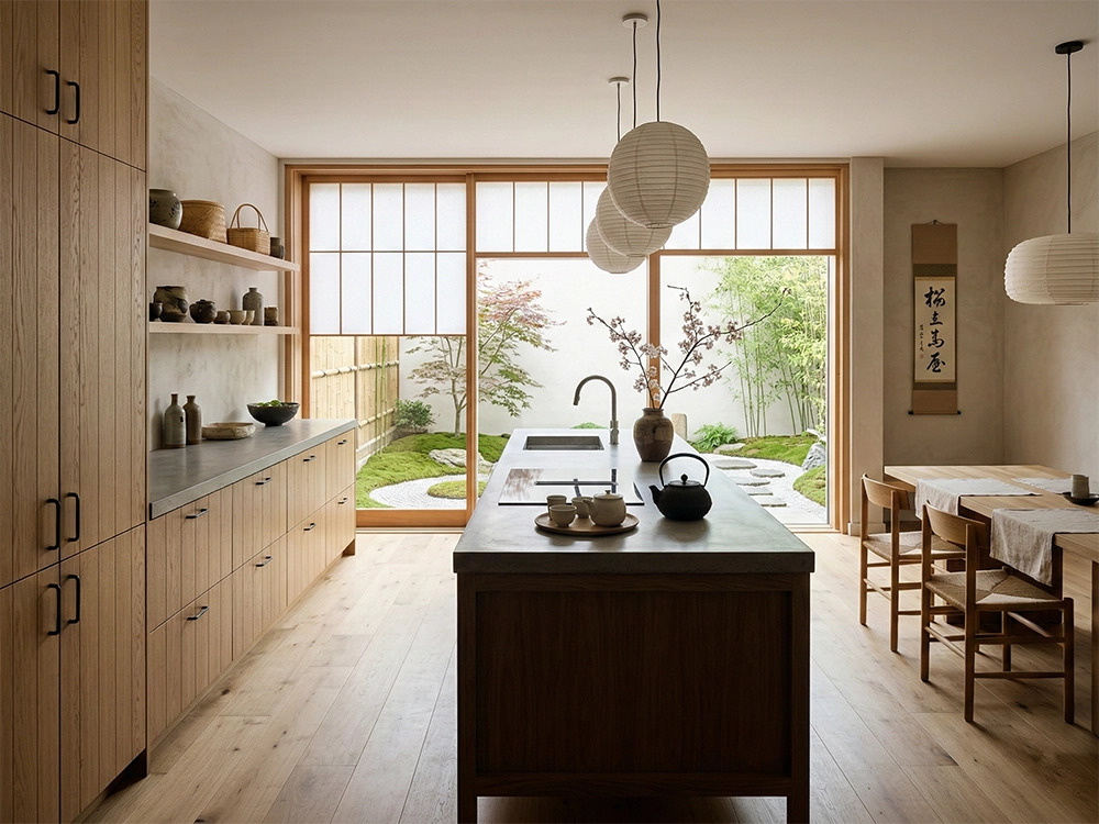 Бетонный кухонный остров, встроенные деревянные шкафы, обеденный гарнитур напротив панорамного остекления сада.