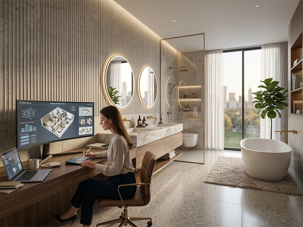 Специалист работает за компьютерным монитором внутри современной ванной комнаты с мраморной отделкой.