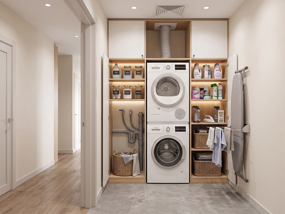 Постирочная зона с колонной Bosch, открытыми полками, корзинами, настенной сушилкой, гладильной доской