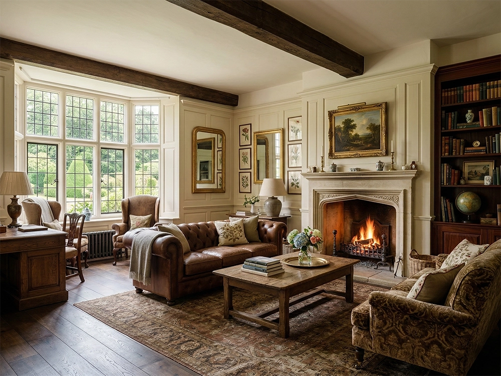 Гостиная с кожаным диваном, каменным камином, встроенными книжными шкафами и деревянными балками