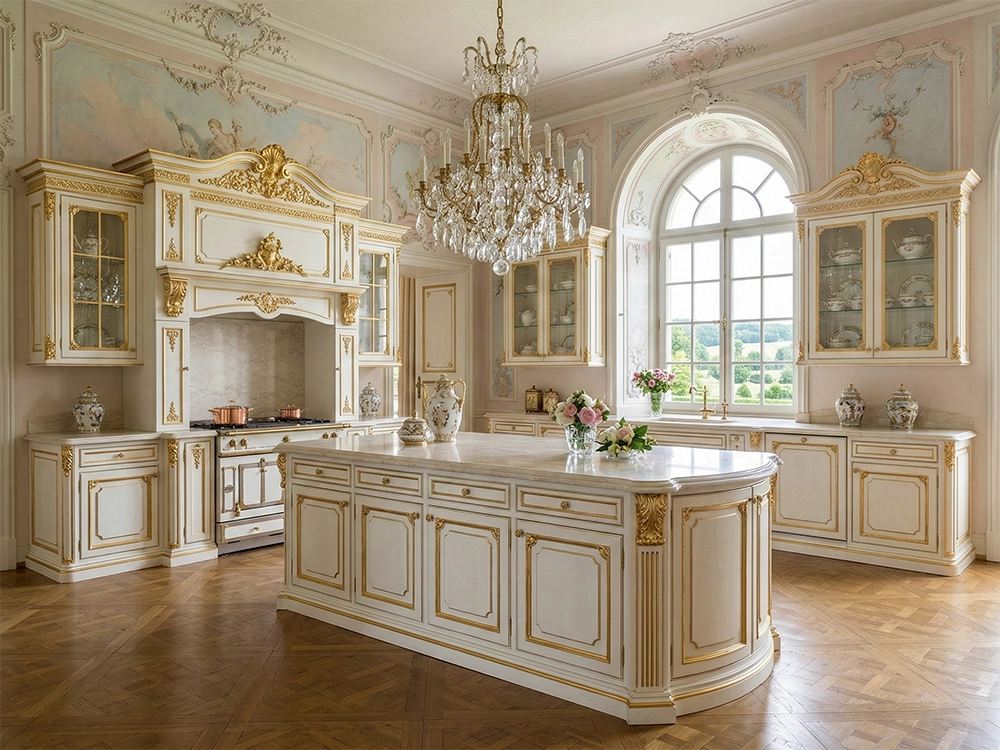 Светлая кухня с кухонным островом, белыми фасадами с золотой отделкой и большой хрустальной люстрой.
