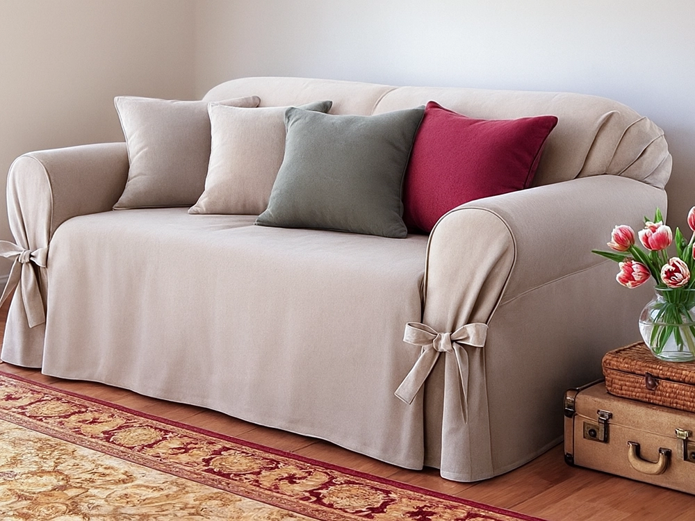 Бордовый диван с бежевым пледом и декоративными подушками в интерьере гостиной