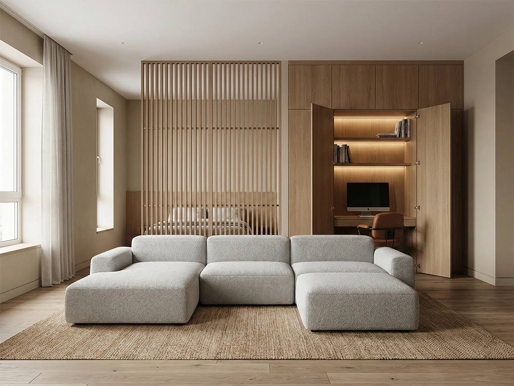 Светлый диван перед деревянной перегородкой и открытый рабочий стол