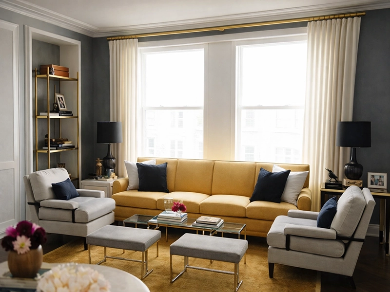 Современный интерьер гостиной с серым диваном, оранжевыми подушками на фоне светлых стен и стильной картины.