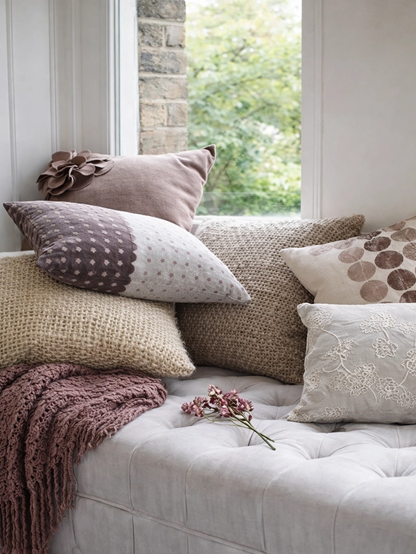Декоративные подушки разных цветов и фактур, разложенные на поверхности светлого дивана для создания уюта