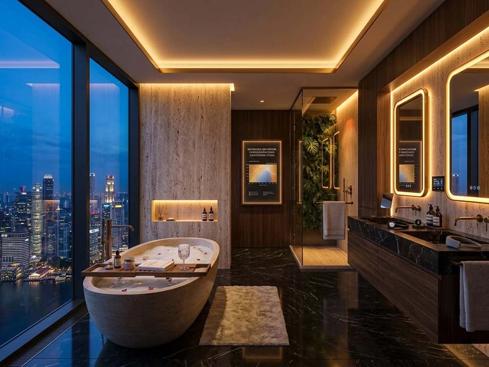 Ванная комната, включающая каменную ванну, светодиодную подсветку, стеклянную душевую кабину, темную раковину.