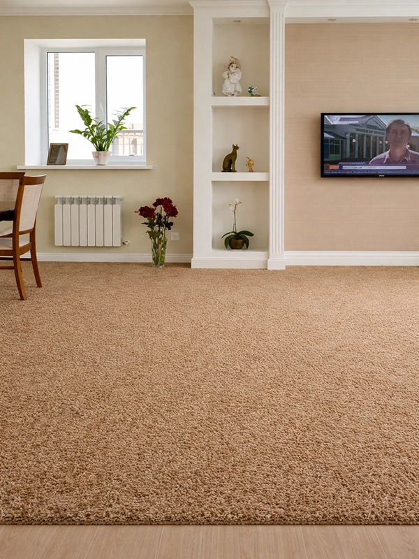 Прямоугольный светлый ковер бежевого оттенка с мягким ворсом, лежащий на полу в интерьере