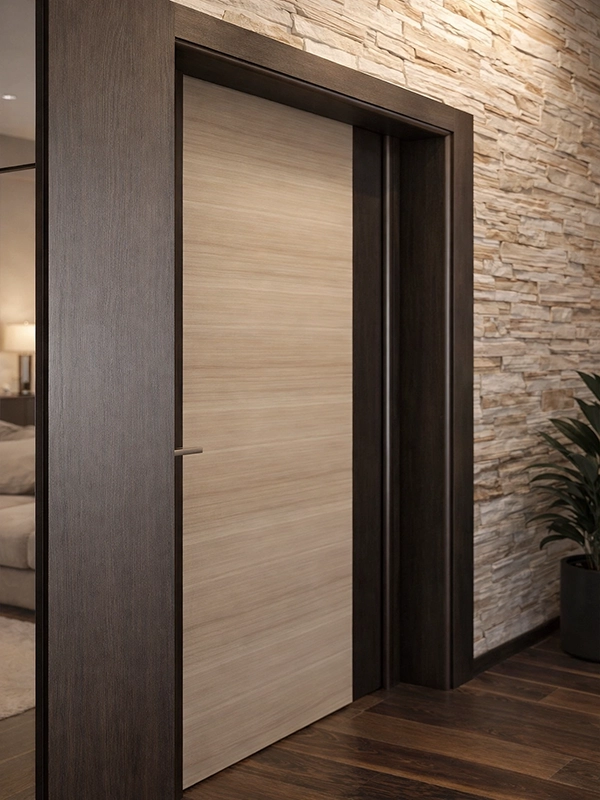 Светлая входная дверь с контрастными темными наличниками в интерьере прихожей с темным полом и зеркалом.