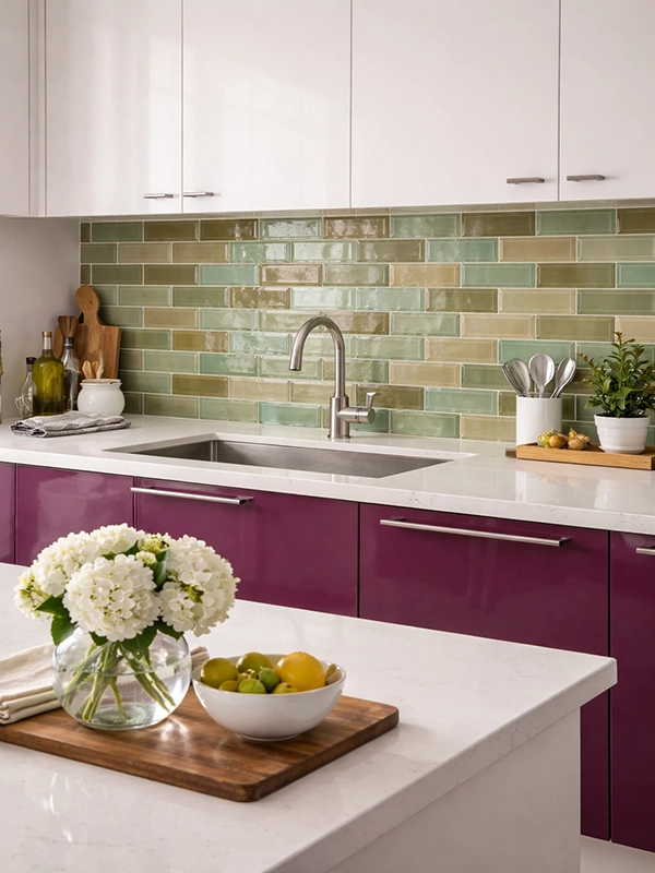 Бирюзовый кухонный гарнитур и кофейные стены