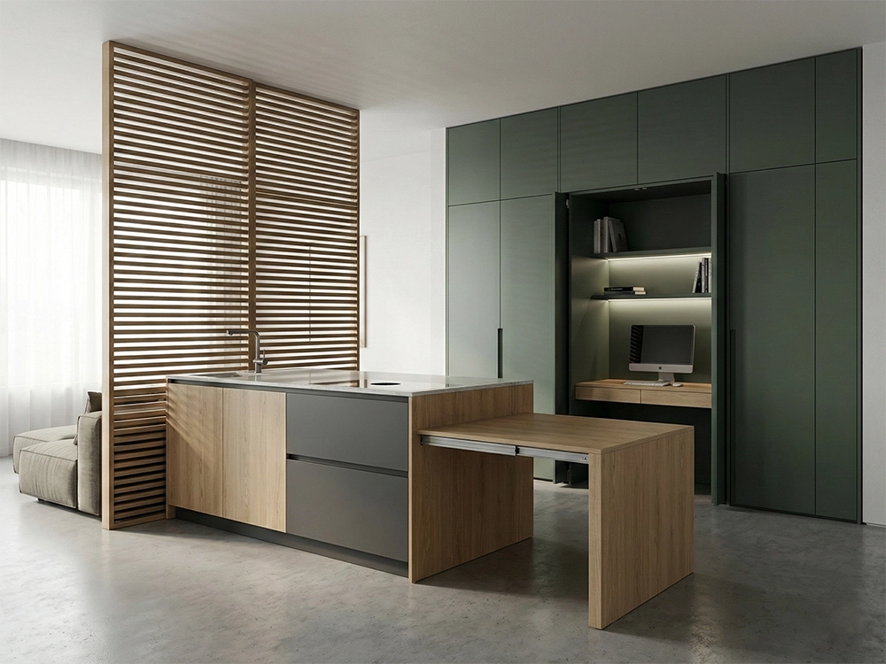 Кухонный остров с выдвижным столом и зеленая встроенная мебель